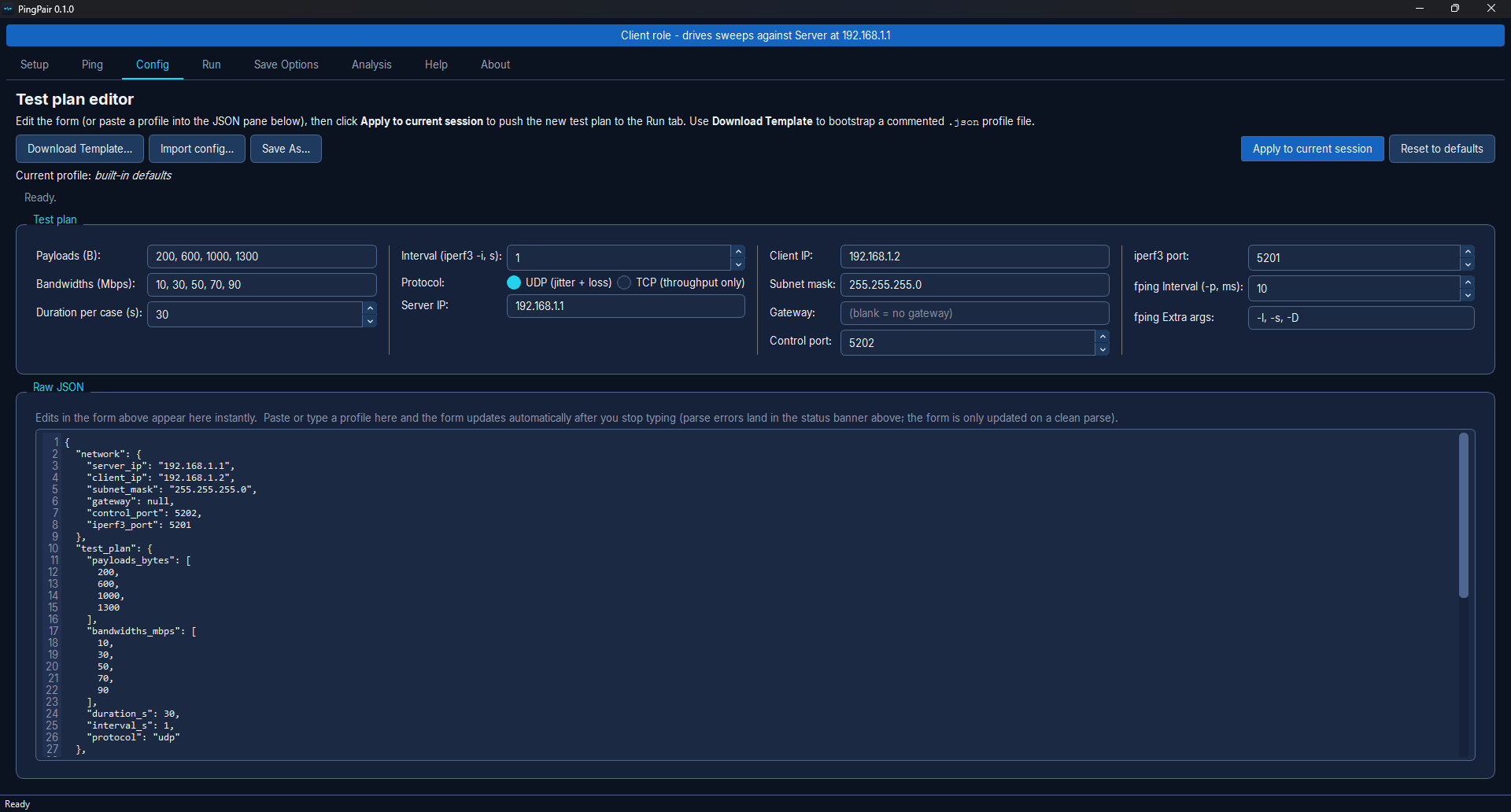 Config tab — the payload × bandwidth test-grid editor