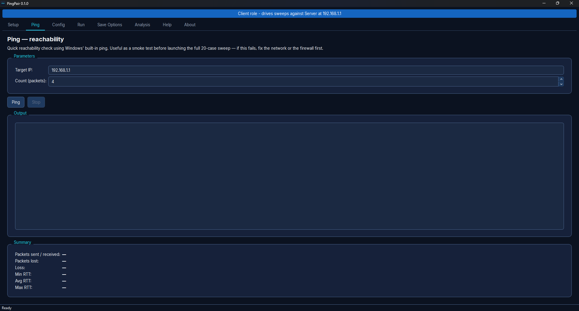 Ping tab — quick reachability check before a sweep