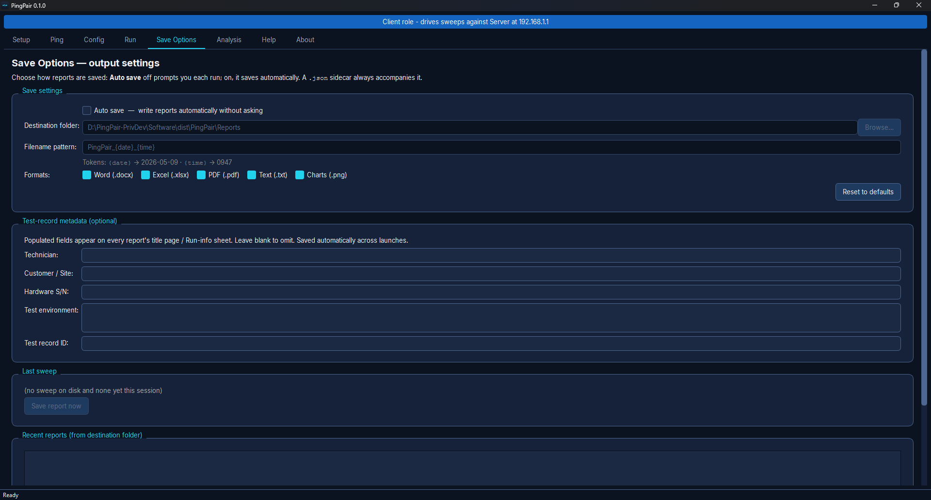 Save Options tab — report formats and test-record metadata