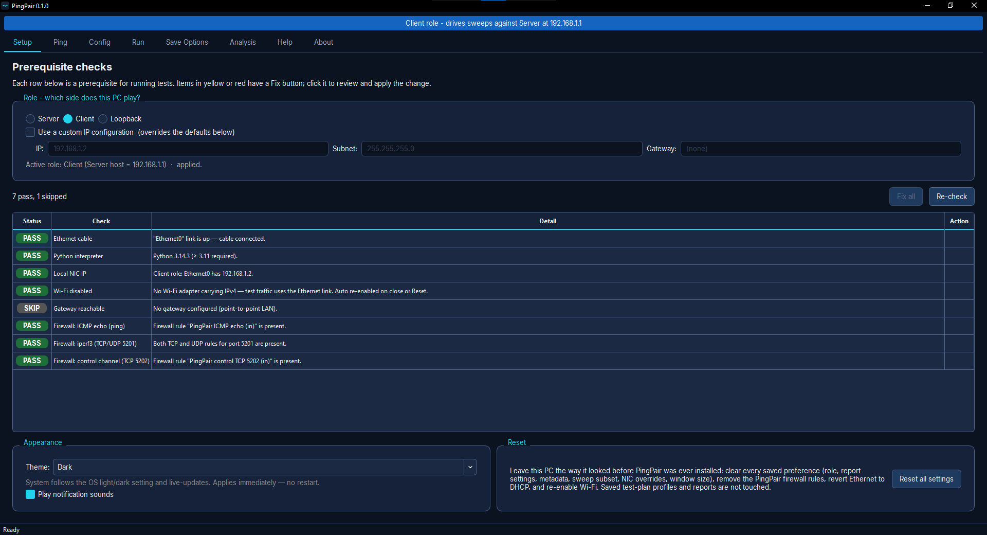 Setup tab with prerequisite checks and one-click fixes